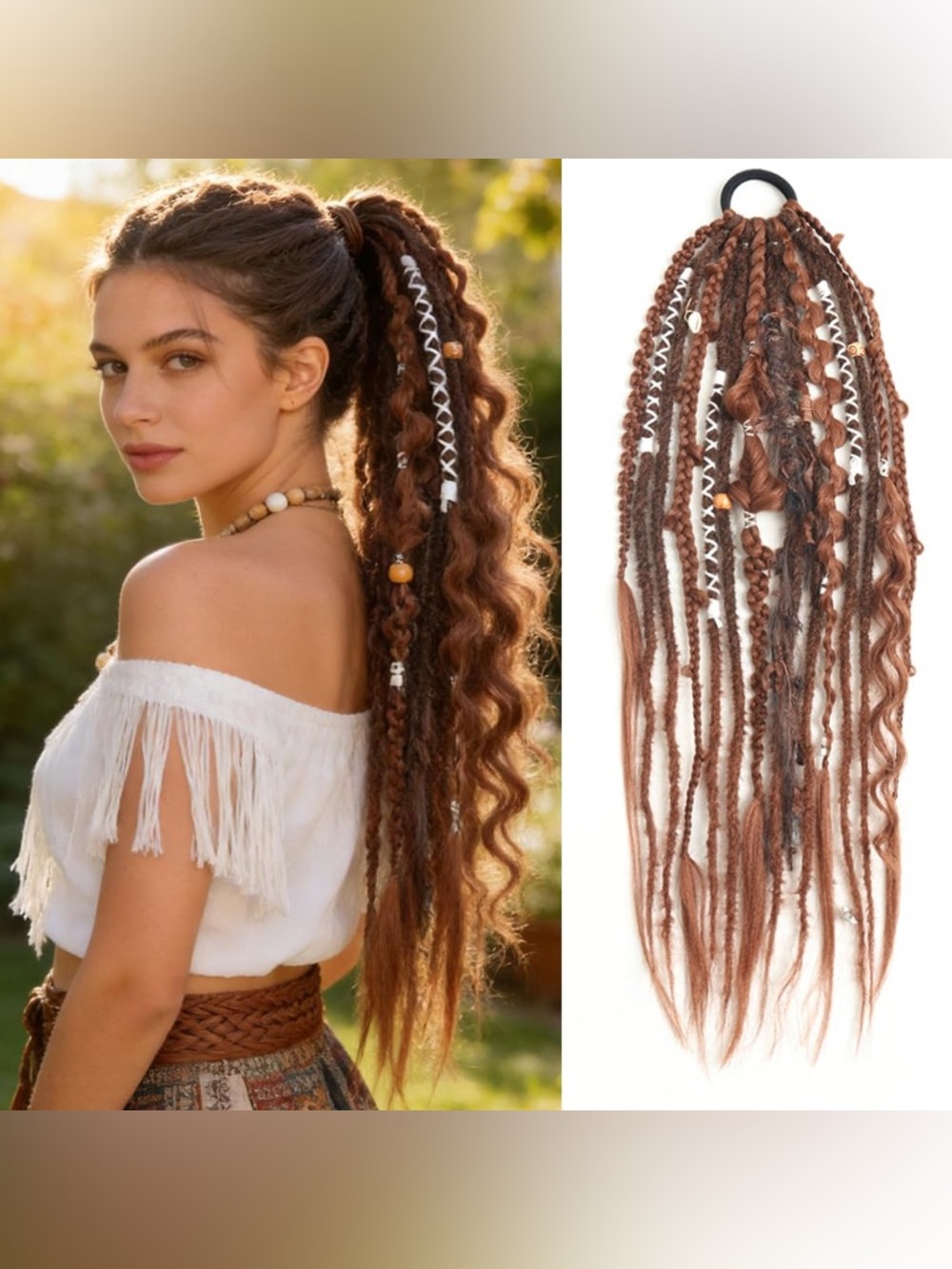 Boho Brown Braided Ponytail Extension with Bead Accents